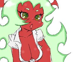 Rule 34 | 10s, 1girl, breasts, cleavage, colored skin, demon girl, green eyes, green hair, hiyoko (m8), horns, lowres, matching hair/eyes, oekaki, open mouth, panty &amp; stocking with garterbelt, red skin, scanty (psg), solo