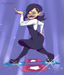 Rule 34 | 1girl, arrow (symbol), artist name, black dress, black footwear, black hair, black leggings, blouse, blush, breasts, chainsaw man, clenched hand, closed eyes, crying, dance dance revolution, dancing, dress, female focus, flying sweatdrops, from side, full body, hair ornament, hairclip, hand on own hip, hand up, heel up, hexanne, higashiyama kobeni, highres, jpeg artifacts, leggings, legs apart, light particles, long sleeves, medium hair, nose blush, open mouth, pinafore dress, ponytail, purple background, shirt, shoes, sidelocks, signature, simple background, sketch, sleeveless dress, small breasts, solo, standing, tears, teeth, white shirt