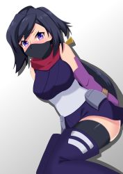 Rule 34 | 10s, 1girl, ayame (gundam build divers), bare shoulders, bdsm, black hair, black thighhighs, blush, bondage, boots, bound, bound arms, breasts, covered mouth, elbow gloves, frown, gloves, gundam, gundam build divers, hair ornament, half mask, hip armor, iseshi, japanese clothes, long hair, looking at viewer, low ponytail, lying, mask, medium breasts, mouth mask, ninja, ninja mask, nose blush, on side, ponytail, purple eyes, purple gloves, red scarf, sash, scarf, solo, thigh boots, thighhighs, thighhighs under boots, thighs