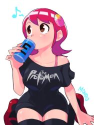 Rule 34 | 1girl, alternate breast size, breasts, brown eyes, can, drinking, highres, holding, holding can, large breasts, mayl sakurai (mega man), medium hair, mega man (series), mega man battle network (series), red hair, shiny skin, simple background, sitting, solo, star (symbol), supermondobeat