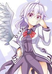 Rule 34 | 1girl, bow, bowtie, brooch, closed mouth, commentary request, contrapposto, cowboy shot, dress, feathered wings, gluteal fold, grey wings, hand on own hip, highres, jacket, jewelry, keyaki chimaki, kishin sagume, long sleeves, looking at viewer, open clothes, open jacket, pink eyes, purple dress, red bow, red bowtie, short dress, short hair, silver hair, single wing, solo, standing, touhou, wings
