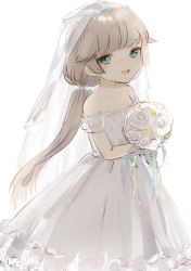 Rule 34 | 1girl, alternate costume, aqua eyes, blush, bouquet, bridal veil, dress, flower, gloves, grey hair, hair ornament, holding, holding bouquet, kantai collection, long hair, looking at viewer, low twintails, mikura (kancolle), one-hour drawing challenge, smile, solo, twintails, veil, wedding dress, white dress, white hair, yamashichi (mtseven)