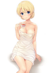 Rule 34 | 10s, 1girl, areola slip, blonde hair, blue eyes, blush, braid, breasts, cleavage, closed mouth, collarbone, covered erect nipples, cup, darjeeling (girls und panzer), girls und panzer, hair between eyes, hand up, highres, holding, holding cup, looking at viewer, medium breasts, n.g., naked towel, see-through, shadow, simple background, sitting, smile, solo, teacup, thighs, towel, white background