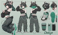 Rule 34 | 1girl, animal ears, antlers, arm warmers, black collar, black eyes, black hair, black mask, black nails, breasts, cellphone, chain, character name, character sheet, collar, collarbone, color guide, commentary, cup, deer antlers, deer ears, deer girl, deer tail, disposable coffee cup, disposable cup, ear piercing, english commentary, full body, green background, green footwear, green hair, hand up, highres, horns, jewelry, k-rha&#039;s, light blush, looking at viewer, mask, mouth mask, multicolored hair, open mouth, original, phone, piercing, pocket, ring, shoes, short hair, single arm warmer, small breasts, smartphone, smartphone case, sneakers, spiked collar, spikes, standing, tail, two-tone hair, untied shoe