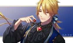 Rule 34 | 1boy, aglovale (granblue fantasy), aiguillette, ascot, black ascot, black shirt, blonde hair, blue background, blue ribbon, blue vest, border, brooch, chocolate, closed mouth, curtained hair, dated, food, frilled sleeves, frills, gem, gold trim, granblue fantasy, hair between eyes, hair ribbon, half-closed eyes, hand up, holding, holding food, jewelry, letterboxed, long hair, long sleeves, looking at viewer, low ponytail, male focus, official alternate costume, outside border, red eyes, red gemstone, ribbon, sasama keiji, shirt, smile, solo, upper body, vest, white border