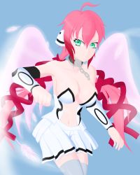 Rule 34 | 1girl, angel, artist request, dress, feathered wings, green eyes, highres, ikaros, im-masterx, looking to the side, pink hair, ribbon, robot ears, sora no otoshimono, wings
