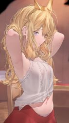 Rule 34 | 1girl, absurdres, armpits, arms behind head, arms up, bare shoulders, betabeet, blonde hair, blush, breasts, cagliostro (granblue fantasy), camisole, collarbone, granblue fantasy, highres, light smile, long hair, looking at viewer, navel, purple eyes, red skirt, skirt, small breasts, solo, tiara, white camisole