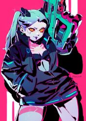Rule 34 | 1girl, aqua hair, black bra, black jacket, blue hair, bra, breasts, colored sclera, colored skin, commentary request, cowboy shot, cyberpunk (series), cyberpunk edgerunners, datcravat, gradient hair, hand in pocket, headgear, highres, holding, holding weapon, huge weapon, jacket, leg tattoo, legs apart, light smile, long hair, looking at viewer, mechanical hands, multicolored hair, neck tattoo, oversized forearms, oversized limbs, partially unzipped, pink background, raised eyebrow, rebecca (cyberpunk), red pupils, red sclera, samurai jacket (cyberpunk), simple background, small breasts, solo, sparkle, tattoo, trigger discipline, twintails, twitter username, underwear, weapon, white skin, yellow eyes