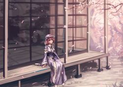Rule 34 | 1girl, berabou, blue dress, cherry blossoms, dress, full body, hat, japanese clothes, long sleeves, looking away, md5 mismatch, mob cap, obi, petals, pink eyes, pink hair, puffy sleeves, resized, resolution mismatch, ribbon, saigyouji yuyuko, sash, short hair, sitting, smile, socks, solo, source larger, touhou, triangular headpiece, veil, white socks, wide sleeves