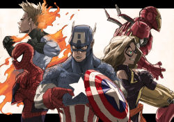 Rule 34 | &gt;:d, 1girl, 4boys, :d, animal print, animification, bad id, bad pixiv id, bare shoulders, black gloves, blonde hair, blue bodysuit, bodysuit, border, captain america, captain america (series), carol danvers, crossed arms, domino mask, elbow gloves, fantastic four, fighting stance, gloves, green eyes, horikoshi kouhei, iron man, johnny storm, letterboxed, long hair, marvel, mask, ms. marvel, ms marvel, multiple boys, open mouth, own hands clasped, own hands together, red gloves, shield, simple background, smile, spider-man, spider-man (series), spider web print, spiked hair, standing, steve rogers, superhero costume, teeth, tony stark, upper body, v-shaped eyebrows, white background