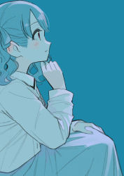 Rule 34 | 1girl, blue background, blurry, commentary request, cropped jacket, depth of field, dress, fukumaru koito, hair ribbon, hand on own chin, highres, idolmaster, idolmaster shiny colors, long dress, long sleeves, looking away, medium hair, monochrome, paayan (hagakinorock54), ribbon, solo, twintails