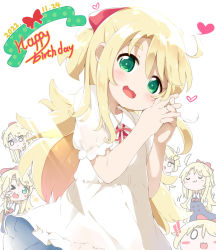 Rule 34 | &gt; o, 1girl, :3, :d, blonde hair, blue dress, blush, blush stickers, bow, chibi, closed eyes, closed mouth, commentary request, dated, dress, green eyes, hair bow, hands up, happy birthday, highres, himesaka noa, interlocked fingers, long hair, long sleeves, makuran, multiple views, neck ribbon, notice lines, o o, one eye closed, open mouth, own hands together, parted bangs, puffy short sleeves, puffy sleeves, red bow, red ribbon, ribbon, school uniform, shirt, short eyebrows, short sleeves, simple background, smile, thick eyebrows, turn pale, very long hair, watashi ni tenshi ga maiorita!, white background, white dress, white shirt