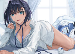 Rule 34 | 1girl, barefoot, bed sheet, blouse, blue eyes, blue hair, blue ribbon, boros (ouro kronii), bow, bow earrings, breasts, cleavage, clock, collared shirt, curtains, dark blue hair, earrings, elbow rest, fangs, highres, hololive, hololive english, jewelry, large breasts, legs, looking at viewer, lying, multicolored hair, neck ribbon, nibiiro (deep 4242), no pants, on side, ouro kronii, pillow, purple hair, ribbon, shirt, short hair, streaked hair, thighs, virtual youtuber, white shirt, window
