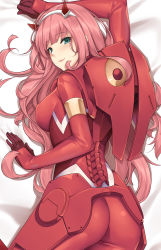 Rule 34 | 10s, 1girl, aqua eyes, ass, bodysuit, breasts, covered erect nipples, dakimakura (medium), darling in the franxx, hairband, large breasts, long hair, looking at viewer, looking back, lying, on stomach, pink hair, smile, solo, tony guisado, very long hair, zero two (darling in the franxx)