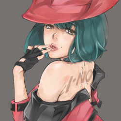 Rule 34 | 1girl, arc system works, back, bare shoulders, bob cut, brown eyes, cowboy hat, cowboy western, face, finger to mouth, from behind, green hair, guilty gear, hat, i-no, lips, lipstick, looking at viewer, looking back, makeup, mole, open mouth, pink lips, pouty lips, red hat, short hair, simple background, solo, tattoo, yamaishi (mukoubuti)