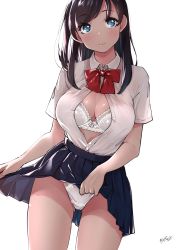 Rule 34 | 1girl, artist name, backlighting, bad id, bad pixiv id, black hair, blouse, blue eyes, blush, bow, bow bra, bowtie, bra, breasts, clothes lift, cowboy shot, crotch seam, dress shirt, gluteal fold, groin, head tilt, highres, lace, lace-trimmed bra, lace-trimmed panties, lace trim, lifting own clothes, long hair, looking at viewer, md5 mismatch, medium breasts, open clothes, open shirt, original, panties, partially unbuttoned, pleated skirt, resolution mismatch, sakura no tomoru hi e, school uniform, see-through, shiny skin, shirt, short sleeves, signature, simple background, skirt, skirt lift, solo, standing, underwear, white bra, white panties