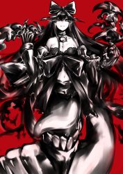 Rule 34 | 10s, 1girl, absurdres, abyssal ship, bare shoulders, black bow, black hair, bow, breasts, chain, choker, claws, cleavage, detached sleeves, gauntlets, glowing, glowing eyes, hair bow, highres, jewelry, kantai collection, lace trim, long hair, looking at viewer, monochrome, navel, red background, ring, seaplane tender princess, simple background, smile, solo, spikes, stomach, strapless, teeth, tongue, tongue out, very long hair, yamano (yamanoh)