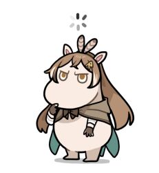 Rule 34 | 1girl, bow, brown eyes, brown hair, cape, clipe, feather hair ornament, feathers, hair ornament, hairclip, hololive, hololive english, moomin, moomintroll, nanashi mumei, ponytail, solo, thinking, virtual youtuber