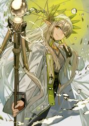 Rule 34 | 1girl, arknights, closed mouth, coat, commentary request, fingernails, floating hair, hair ornament, highres, holding, holding staff, holding umbrella, holding weapon, hydrokinesis, lab coat, lack, long hair, looking at viewer, mole, mole under eye, muelsyse (arknights), one eye closed, open clothes, open coat, pointy ears, smile, solo, staff, umbrella, very long hair, water, weapon, white coat, yellow eyes