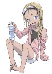 Rule 34 | 1girl, :d, absurdres, barefoot, blonde hair, blue eyes, bottle, camisole, commentary request, feet, feet together, forehead, goggles, goggles on head, highres, holding, hood, hood down, hoodie, long hair, long sleeves, looking at viewer, off shoulder, open clothes, open hoodie, open mouth, original, pink hoodie, simple background, single bare shoulder, smile, solo, tan, toe scrunch, toes, water bottle, white background, yamamoto souichirou