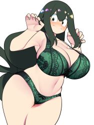 Rule 34 | 1girl, alternate breast size, armpits, asui tsuyu, bare shoulders, bellupup, blush, boku no hero academia, bra, breasts, claw pose, cleavage, closed mouth, collarbone, cowboy shot, dutch angle, green bra, green eyes, green hair, green panties, hair rings, highres, huge breasts, lingerie, long hair, panties, sidelocks, simple background, solo, standing, underwear, underwear only, white background