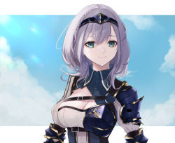 Rule 34 | 1girl, ame (memory a), armor, black hairband, blue sky, braid, breastplate, breasts, cleavage, closed mouth, green eyes, hairband, highres, hololive, large breasts, looking at viewer, o-ring, outside border, shirogane noel, shirogane noel (1st costume), short hair, shoulder armor, silver hair, sky, smile, solo, underbust, upper body, virtual youtuber, wing collar