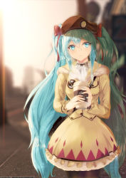 Rule 34 | 1girl, absurdres, aqua hair, aqua nails, blurry, blurry background, bow, brown hair, brown pantyhose, coffee cup, cup, day, disposable cup, dress, frown, hair between eyes, hair bow, hat, hatsune miku, highres, icefurs, long hair, long sleeves, looking at viewer, nail polish, outdoors, pantyhose, red bow, sidelocks, solo, standing, twintails, very long hair, vocaloid