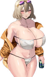Rule 34 | 1girl, absurdres, anis (nikke), anis (sparkling summer) (nikke), bare shoulders, bikini, blush, breasts, brown eyes, brown hair, can, cleavage, eyepatch bikini, eyewear on head, goddess of victory: nikke, highres, holding, holding can, huge breasts, jewelry, looking at viewer, namazu (yamasonson), navel, necklace, off shoulder, parted lips, short hair, simple background, smile, solo, sunglasses, swimsuit, thighs, wet, white background, white bikini