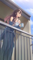 Rule 34 | 1girl, absurdres, balcony, bare shoulders, black hair, blue sky, camisole, collarbone, cup, day, hair between eyes, highres, holding, holding cup, idolmaster, idolmaster shiny colors, jacket, jacket partially removed, long hair, long skirt, looking afar, mug, pleated skirt, railing, ribbed jacket, shirase sakuya, sjuno, skirt, sky, smile, solo, wavy hair, yellow eyes