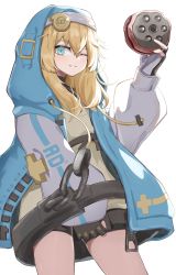 Rule 34 | 1boy, absurdres, artist request, blonde hair, blue eyes, bridget (guilty gear), fingerless gloves, gloves, guilty gear, guilty gear strive, highres, long hair, looking at viewer, male focus, one eye closed, simple background, smile, solo, trap, white background