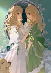 Rule 34 | 2girls, absurdres, blonde hair, brown eyes, choker, commentary, dog, dress, english commentary, from side, gloves, green dress, green eyes, green ribbon, hair behind ear, hair ribbon, hand on another&#039;s chest, hand on own thigh, highres, long hair, mirror, multiple girls, naka (carolnaka ), original, parted lips, ribbon, siblings, twins, white choker, white dress, white gloves, white ribbon