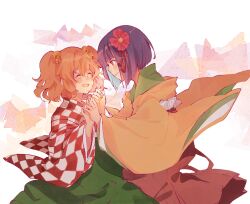 Rule 34 | :d, checkered clothes, checkered kimono, closed eyes, commentary, english commentary, flower, green kimono, green skirt, hair flower, hair ornament, hieda no akyuu, highres, japanese clothes, kabocha1408, kimono, looking at another, looking to the side, motoori kosuzu, one eye closed, open mouth, purple eyes, purple hair, red flower, red skirt, short hair, skirt, smile, touhou, two side up, white background, wide sleeves