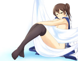 Rule 34 | 10s, 1girl, absurdres, bad id, bad pixiv id, black socks, breasts, brown eyes, brown hair, censored, clothes on shoulders, highres, kaga (kancolle), kantai collection, kneehighs, large breasts, long hair, looking at viewer, side ponytail, sitting, smile, socks, solo, wangphing
