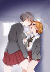 Rule 34 | 2girls, absurdres, against wall, aomushi (mushamusha), blazer, blue eyes, bow, braid, dress shirt, fingering, flat chest, freckles, french kiss, girls und panzer, grabbing another&#039;s chin, grey jacket, hair bow, hand on another&#039;s chin, hand under clothes, hand under skirt, highres, jacket, kiss, leg between thighs, long sleeves, multiple girls, naomi (girls und panzer), navel, necktie, open clothes, open mouth, orange hair, orange pekoe (girls und panzer), parted bangs, pleated skirt, pussy juice, saliva, saliva trail, saunders school uniform, school uniform, shirt, short hair, size difference, skirt, tongue, tongue out, translation request, twin braids, very short hair, yuri