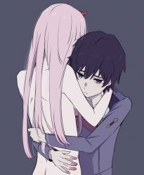 Rule 34 | 10s, 1boy, 1girl, black hair, blue eyes, blush, clothed male nude female, couple, darling in the franxx, hiro (darling in the franxx), horns, hug, k 016002, long hair, military, military uniform, nude, pink hair, short hair, uniform, zero two (darling in the franxx)