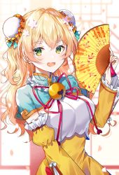 Rule 34 | 1girl, :d, absurdres, animal ears, blonde hair, blush, breasts, bun cover, detached sleeves, double bun, fang, flower, folding fan, green eyes, hair between eyes, hair bun, hair flower, hair ornament, hand fan, highres, holding, hololive, long hair, looking at viewer, momosuzu nene, multicolored hair, myusha, open mouth, pink hair, smile, solo, virtual youtuber