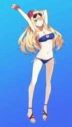 Rule 34 | 1girl, ;), aqua eyes, arms up, bandeau, bare arms, bare legs, bikini, blonde hair, blue background, blue bikini, breasts, cleavage, cleavage cutout, clenched hand, clothing cutout, collarbone, eyewear on head, female focus, flower, full body, glasses, gradient background, hair flower, hair ornament, hao (patinnko), highres, kongou (warship girls r), large breasts, legs, long hair, looking at viewer, nail polish, navel, one eye closed, sandals, scrunchie, side-tie bikini bottom, smile, solo, standing, strapless, strapless bikini, sunglasses, swimsuit, toenail polish, toenails, warship girls r, wavy hair, wink, wrist scrunchie