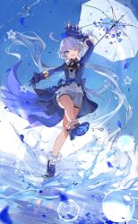 Rule 34 | 1girl, ahoge, arm up, ascot, asymmetrical gloves, black ascot, black gloves, blue brooch, blue eyes, blue hair, blue jacket, blue sky, full body, furina (genshin impact), genshin impact, gloves, hair between eyes, hat, highres, issign, jacket, legs, light blue hair, long hair, looking at viewer, multicolored hair, one eye closed, open mouth, outdoors, rain, shorts, sidelocks, sky, smile, solo, splashing, standing, standing on one leg, streaked hair, top hat, two-tone hair, umbrella, water, white gloves, white hair, white shorts