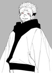 Rule 34 | 1boy, facial mark, forehead, forehead mark, grey background, greyscale, grin, happy, highres, japanese clothes, jujutsu kaisen, kimono, long sleeves, looking at viewer, male focus, monochrome, red eyes, ryoumen sukuna (jujutsu kaisen), short hair, simple background, sketch, smile, solo, spot color, standing, teeth, tenobe, upper body