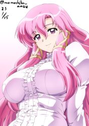 Rule 34 | 1girl, cattleya yvette la baume le blanc de la fontaine, dated, from below, long hair, looking at viewer, nafta, pink eyes, pink hair, sidelocks, signature, simple background, smile, solo, white background, zero no tsukaima