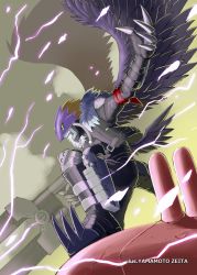 Rule 34 | 1boy, arm cannon, artist name, artist request, beelzebumon, beelzebumon blast mode, claws, demon, digimon, green eyes, helmet, looking to the side, male focus, multiple wings, open mouth, solo, tail, weapon, wings