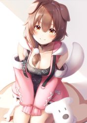 Rule 34 | 1girl, animal ears, black choker, black shirt, blush, breasts, brown eyes, brown hair, choker, cleavage, closed mouth, commentary request, dog ears, dog tail, from above, hair between eyes, hair over shoulder, highres, hololive, inugami korone, inugami korone (loungewear), jacket, long hair, long sleeves, looking at viewer, medium breasts, nyan (reinyan 007), official alternate costume, open clothes, open jacket, pink jacket, print shirt, shirt, sitting, sleeves past fingers, sleeves past wrists, smile, solo, tail, v arms, virtual youtuber