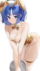 Rule 34 | 1girl, absurdres, alternate costume, animal ears, bare shoulders, blue archive, blue eyes, blue hair, blush, breasts, breasts squeezed together, cleavage, closed mouth, commentary, detached collar, fake animal ears, gold bowtie, gold leotard, highres, holding, holding tray, large breasts, leaning forward, leotard, long hair, looking at viewer, not forever2w, playboy bunny, rabbit ears, simple background, skindentation, solo, sweat, symbol-only commentary, thighs, tray, two side up, white background, yuuka (blue archive)