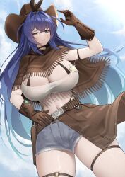 absurdres alternate_costume arm_strap azur_lane belt belt_buckle blue_eyes blue_hair breasts brown_gloves brown_poncho buckle choker cleavage cloud cloudy_sky cowboy_hat cowboy_western denim denim_shorts eyebrows_hidden_by_hair gloves gun hair_between_eyes handgun hat highres holster holstered irkawaza large_breasts long_hair looking_at_viewer midriff navel new_jersey_(azur_lane) poncho revolver sheriff_badge shorts sidelocks sky star_(symbol) stomach thigh_holster thigh_strap weapon