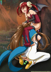 Rule 34 | 2girls, aa megami-sama, anal beads, ass, ass cutout, bdsm, belldandy, blush, bondage, bound, breasts, brown hair, closed eyes, clothing cutout, cunnilingus, demon, demon girl, fangs, hand on another&#039;s head, highres, horns, leg lock, long hair, multiple girls, nipples, open mouth, oral, pointy ears, red hair, sex toy, sitting, torn clothes, very long hair, wings, yuri