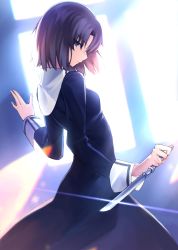 Rule 34 | 1girl, absurdres, bad id, bad pixiv id, black dress, blue eyes, breasts, brown hair, closed mouth, dress, highres, holding, holding knife, kara no kyoukai, knife, long dress, long sleeves, looking to the side, medium hair, nun, okakasushi, profile, ryougi shiki, small breasts, solo, standing, traditional nun