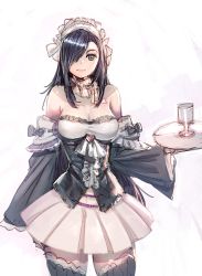 Rule 34 | 1girl, arm up, bare shoulders, black hair, bodice, bow, bow (bhp), breasts, cleavage, collar, cowboy shot, detached sleeves, frilled collar, frills, glass, green eyes, hair over one eye, heart, holding, holding tray, long hair, long sleeves, maid, maid headdress, original, pleated skirt, simple background, skirt, smile, solo, swept bangs, thighhighs, tray, very long hair, white background, zettai ryouiki