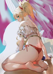 Rule 34 | artoria pendragon (all), artoria pendragon (fate), ass, bare legs, barefoot, blonde hair, breasts, curtains, fate/apocrypha, fate/grand order, fate (series), feet, green eyes, hair ornament, hair scrunchie, highres, kneeling, lingerie, looking at viewer, looking back, mordred (fate), mordred (fate/apocrypha), panties, ponytail, red panties, red scrunchie, saber (fate), salmon88, scrunchie, seiza, sitting, solo, underboob, underwear