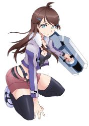 Rule 34 | 1girl, absurdres, black thighhighs, blue eyes, breasts, brown hair, cleavage, commission, cropped jacket, full body, hand on ground, highres, holding, holding shield, kneeling, long hair, long sleeves, medium breasts, megumo, shield, shion uzuki, shoes, shorts, simple background, smile, solo, thighhighs, white background, xenosaga