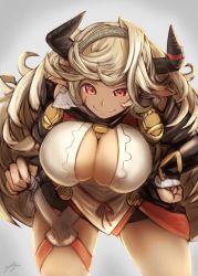 1girl artist_request bent_over blonde_hair breasts cleavage donna_(granblue_fantasy) draph granblue_fantasy hairband hand_on_own_hip highres horns large_breasts long_hair pointy_ears red_eyes scar scar_on_face signature simple_background smile solo tan very_long_hair